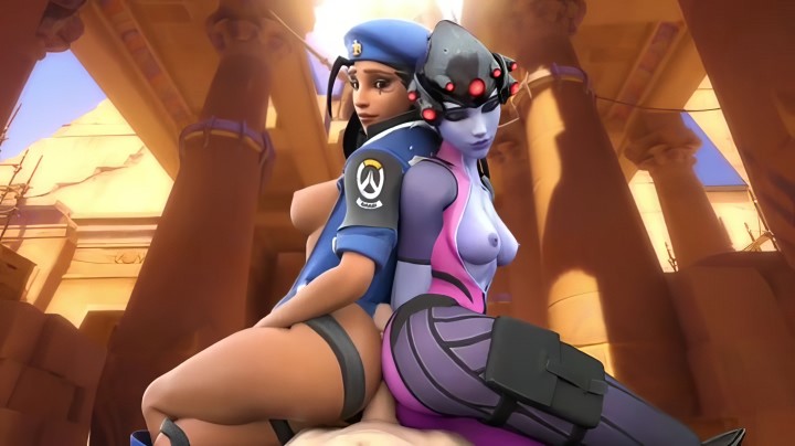 Widowmaker i Sombra z Overwatch masturbują się tyłkami do penisa faceta